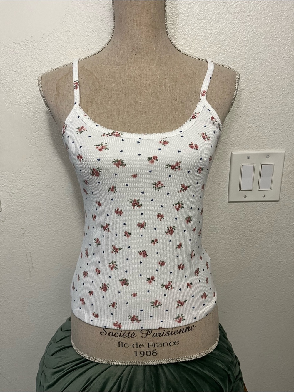 Pink Rose White Floral Ribbed Cami